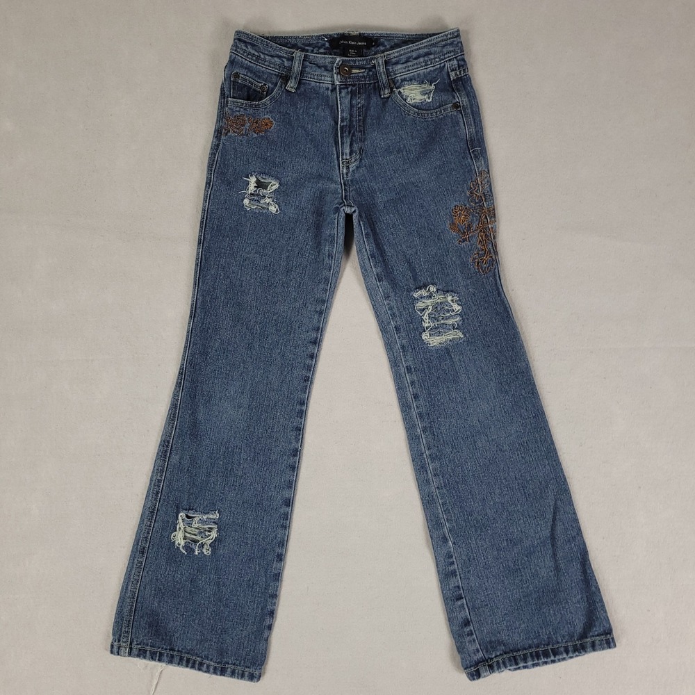 Calvin Klein Jeans Girls 12 Blue Distressed Flare Ramie Cotton Floral Embroidery
